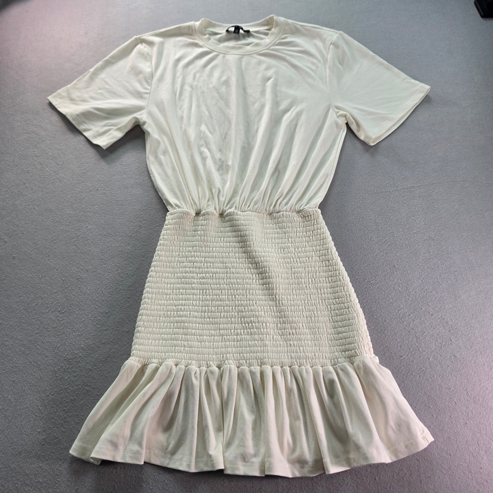 FORE Women White Smocked Mini Dress Short Sleeve Ruffle Hem DI6931BL Size S